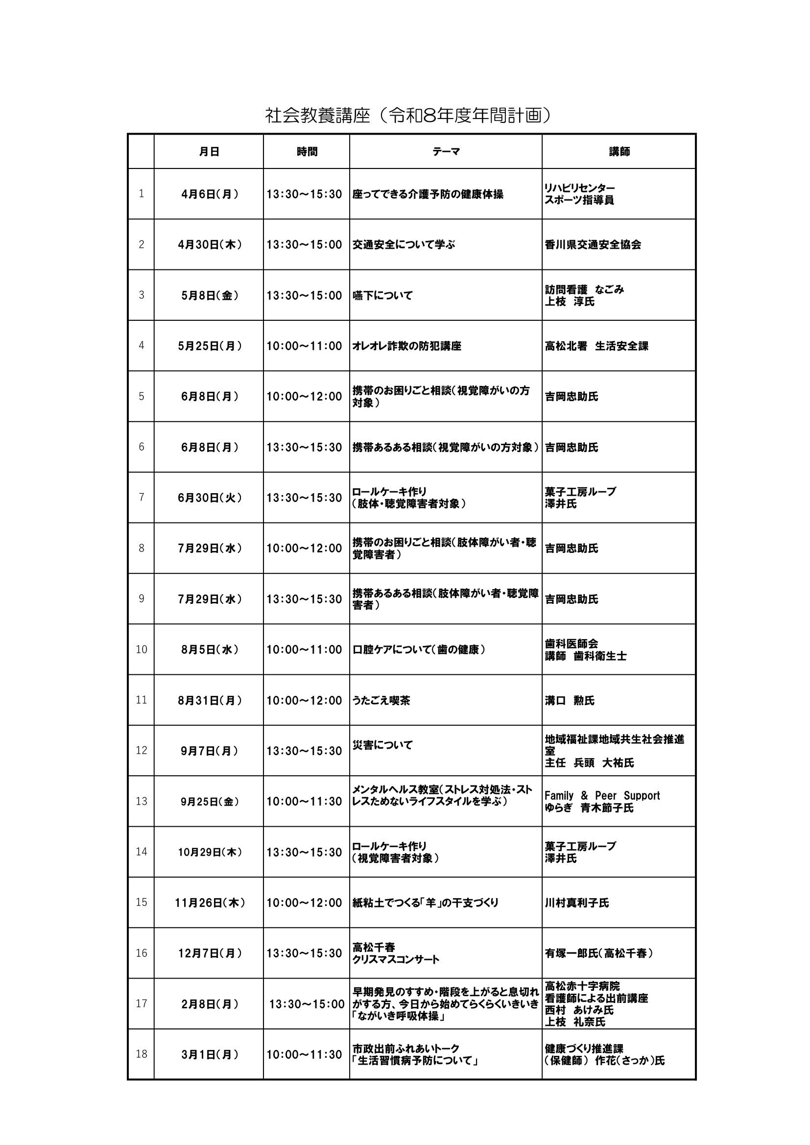令和8年度社会教養講座の予定です。日時・内容等詳細は月ごとのポスターでご確認ください。